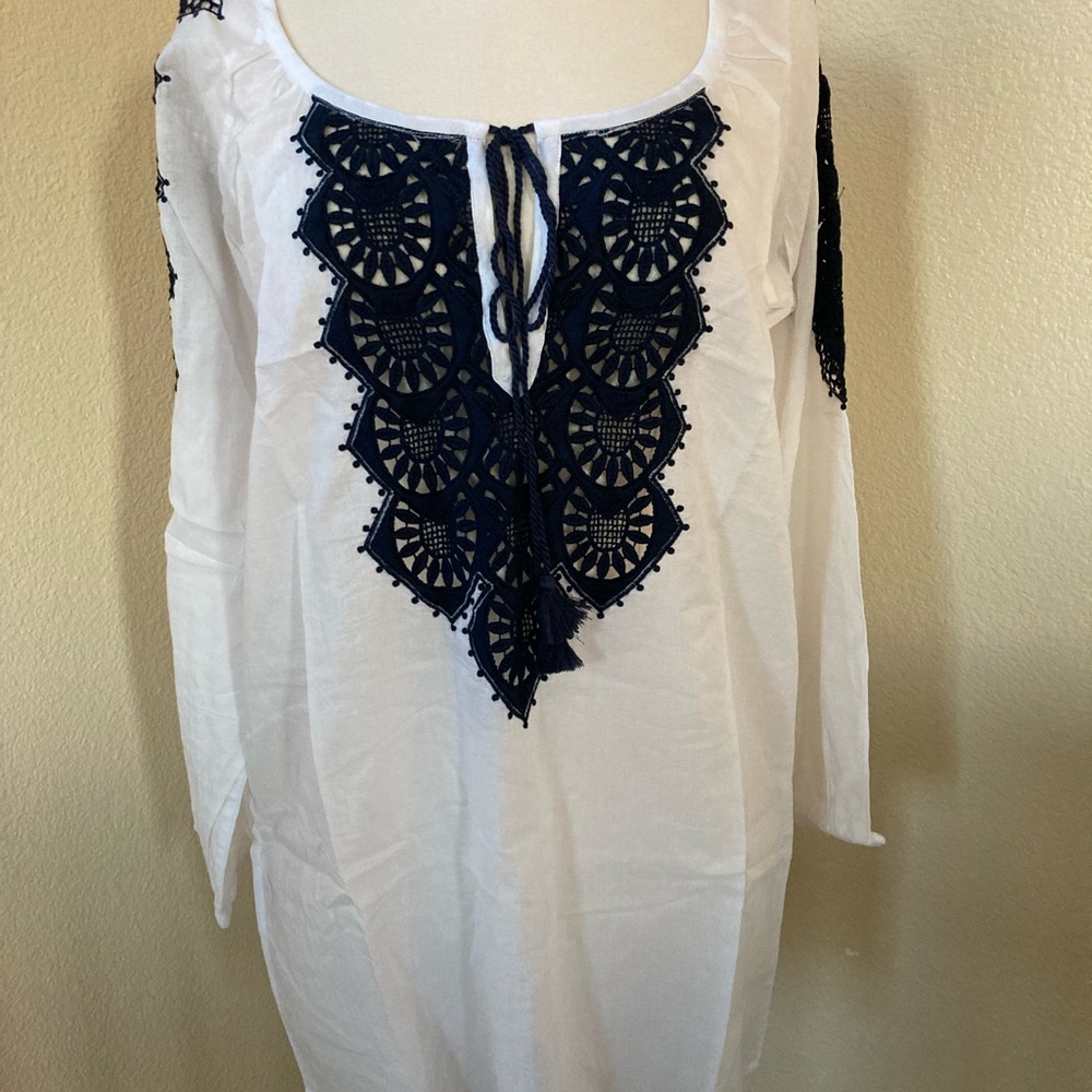 NWT J. Crew White with Navy Blue Cotton Tunic Beach Coverup Dress Size S